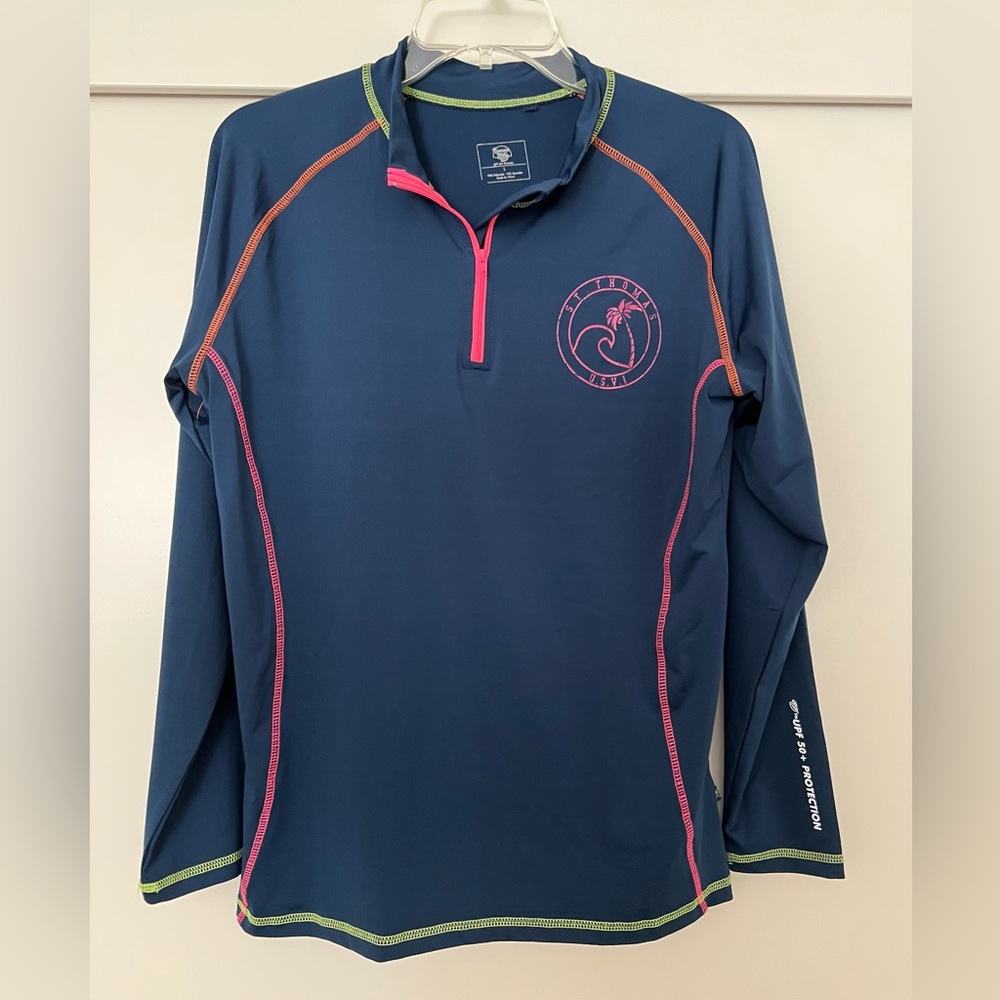 Deep Navy Long-Sleeve Performance Top with Pink Accents